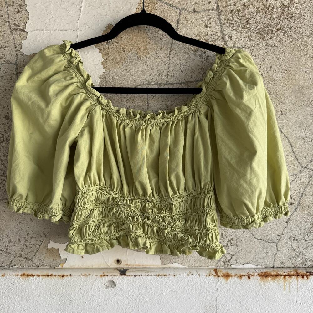 Levi’s Green Puff Sleeve Crop Top Smocked Peasant Prairie Style Blouse‎ Size L